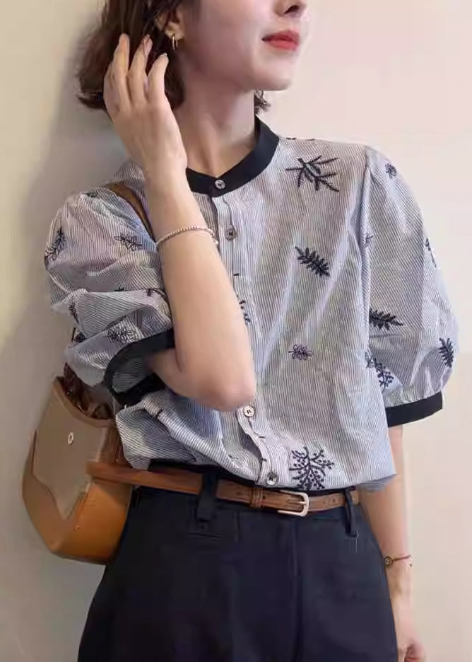 Striped Blouses Summer O Cotton Art Neck Patchwork Embroidered