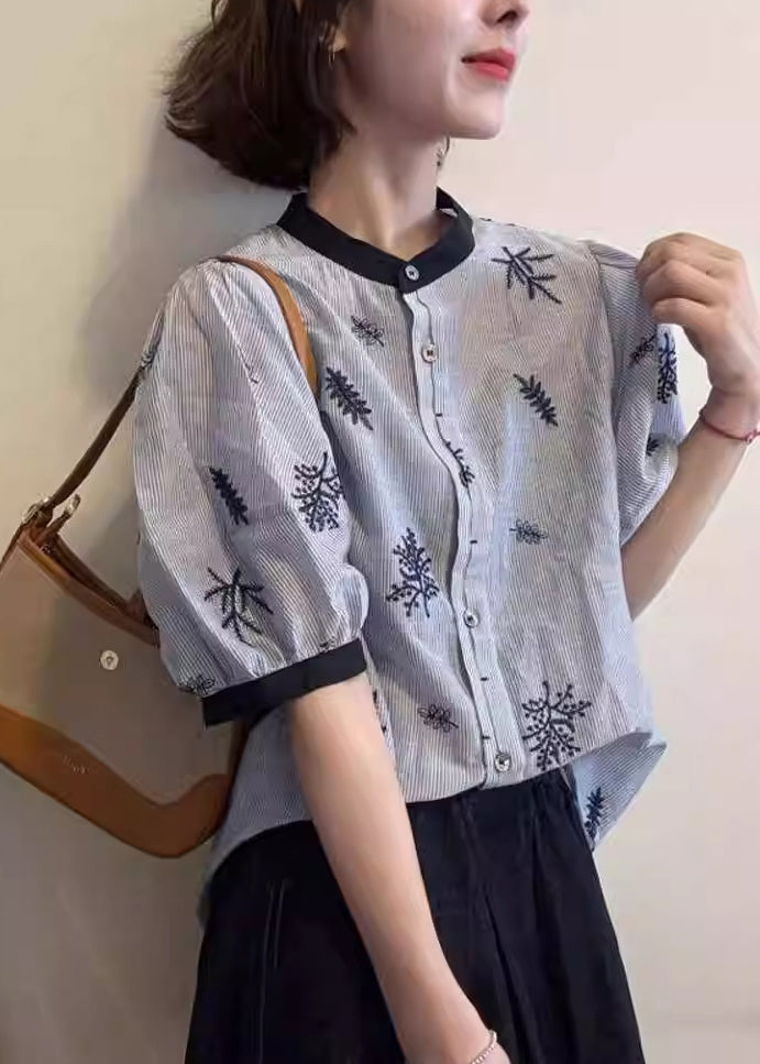 Striped Blouses Summer O Cotton Art Neck Patchwork Embroidered
