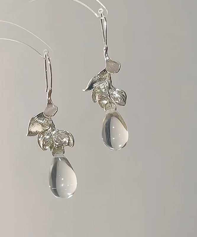 Art Earrings Leaves Water Drop Alloy White Glass Droplet
