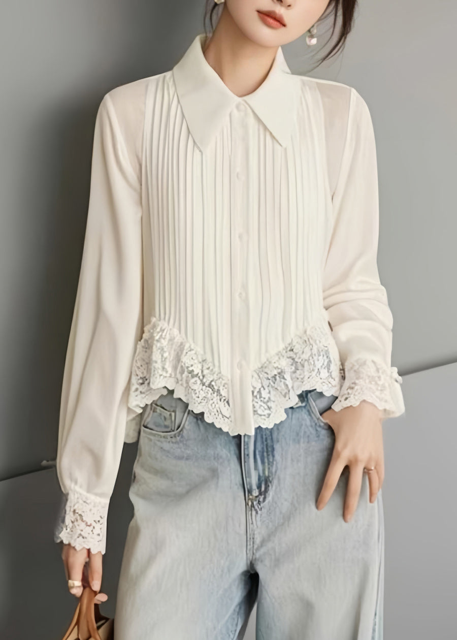 Art White Button Lace Solid Chiffon Blouses Spring RL005