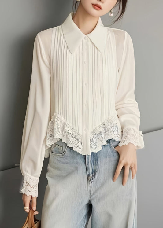 Art White Button Lace Solid Chiffon Blouses Spring