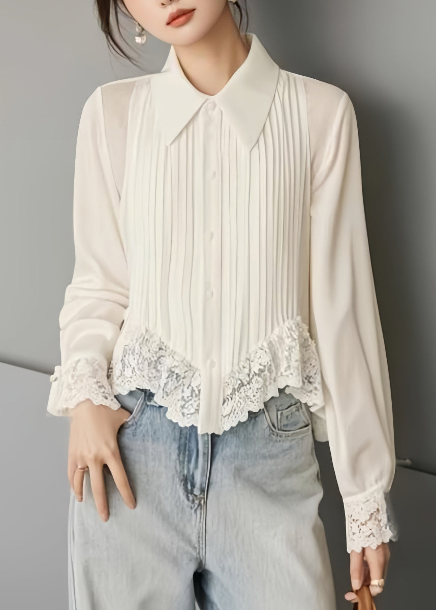 Art White Button Lace Solid Chiffon Blouses Spring RL005