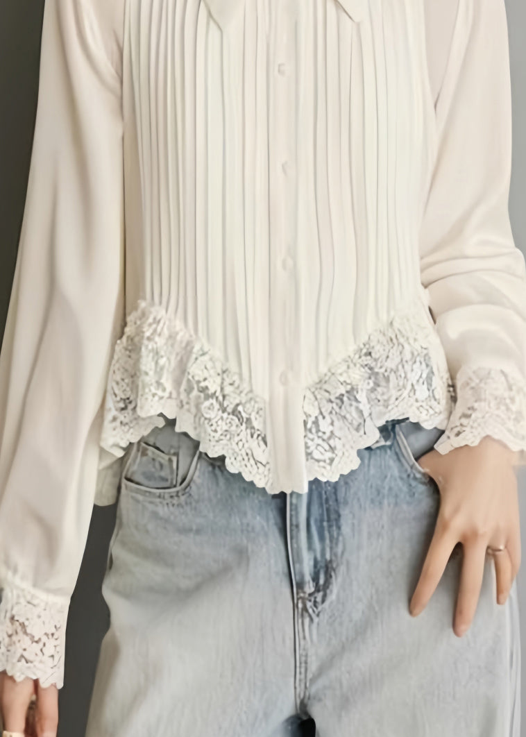 Art White Button Lace Solid Chiffon Blouses Spring RL005