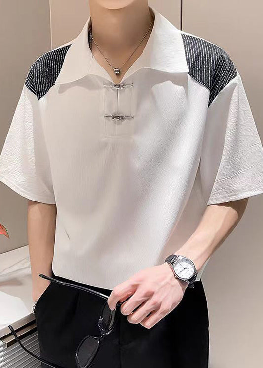 White Ice Shirts Art Silk Button Patchwork Polo Summer