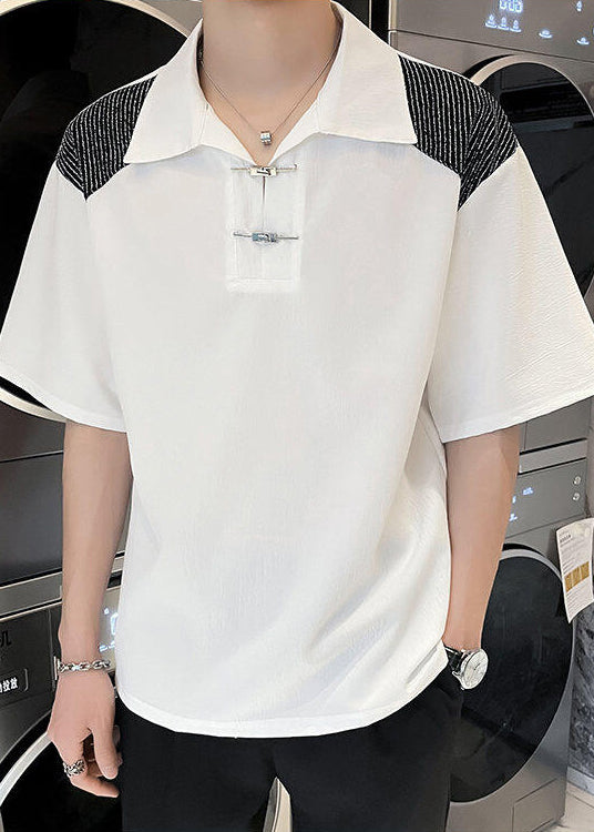 White Ice Shirts Art Silk Button Patchwork Polo Summer