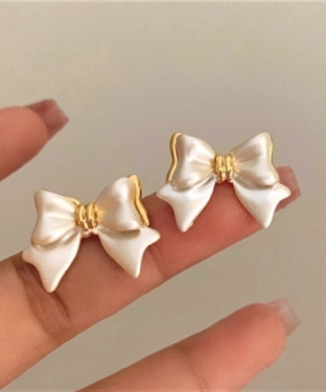 White Art Bow Earrings Copper Stud Alloy