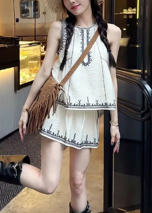 Art Skirts Pieces White Cotton Two And Set Tops Embroidered