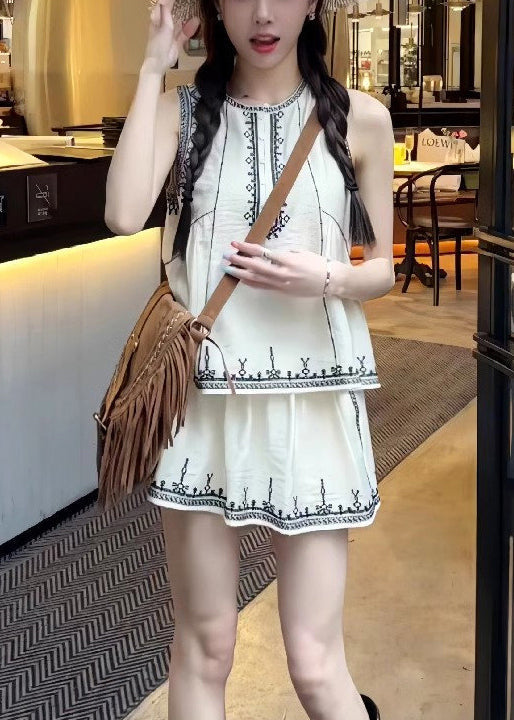 Art Skirts Pieces White Cotton Two And Set Tops Embroidered