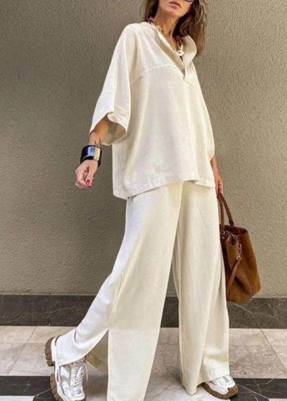 Wide O-Neck And White Set Top Pieces Patchwork Art Leg Two Pants