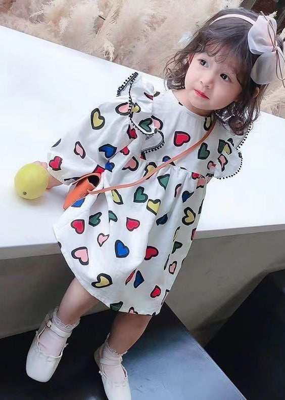 Art White O-Neck Print Girls Mid Dress Long Sleeve SS1052