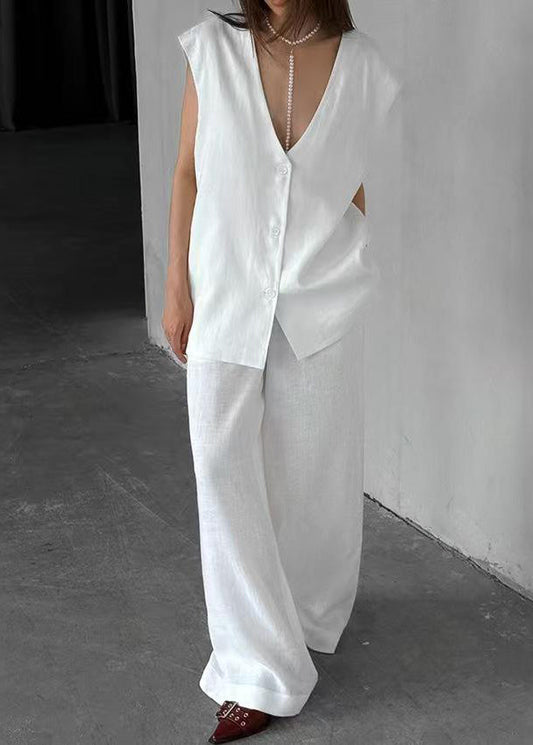 Oversized Cotton Piece White Art And Pants Two Vests Leg Wide Set