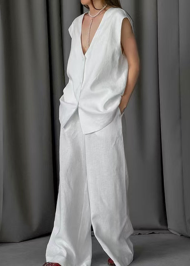 Oversized Cotton Piece White Art And Pants Two Vests Leg Wide Set
