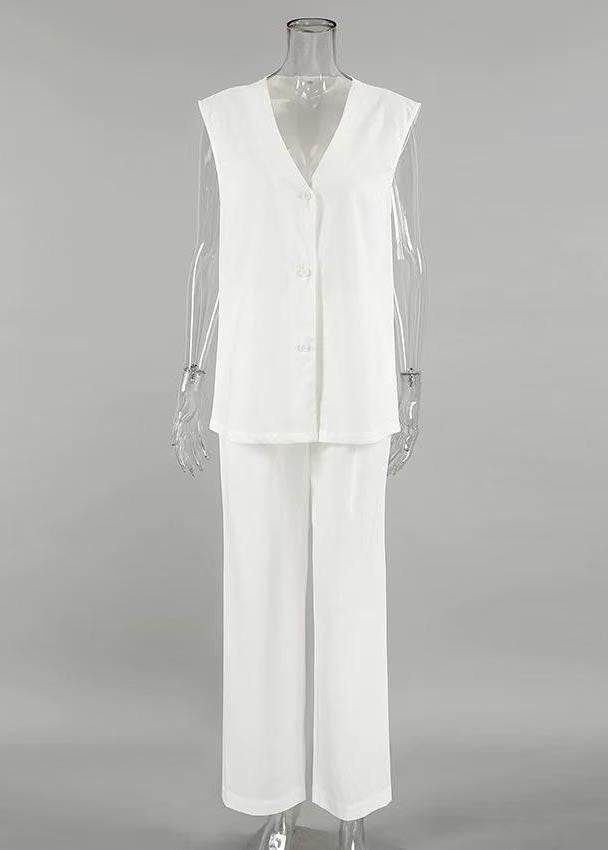 Oversized Cotton Piece White Art And Pants Two Vests Leg Wide Set