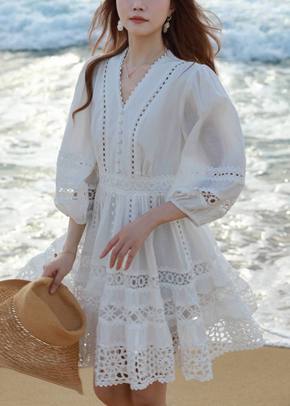 Dress Mid Art Cotton Bracelet V White Out Hollow Sleeve Neck