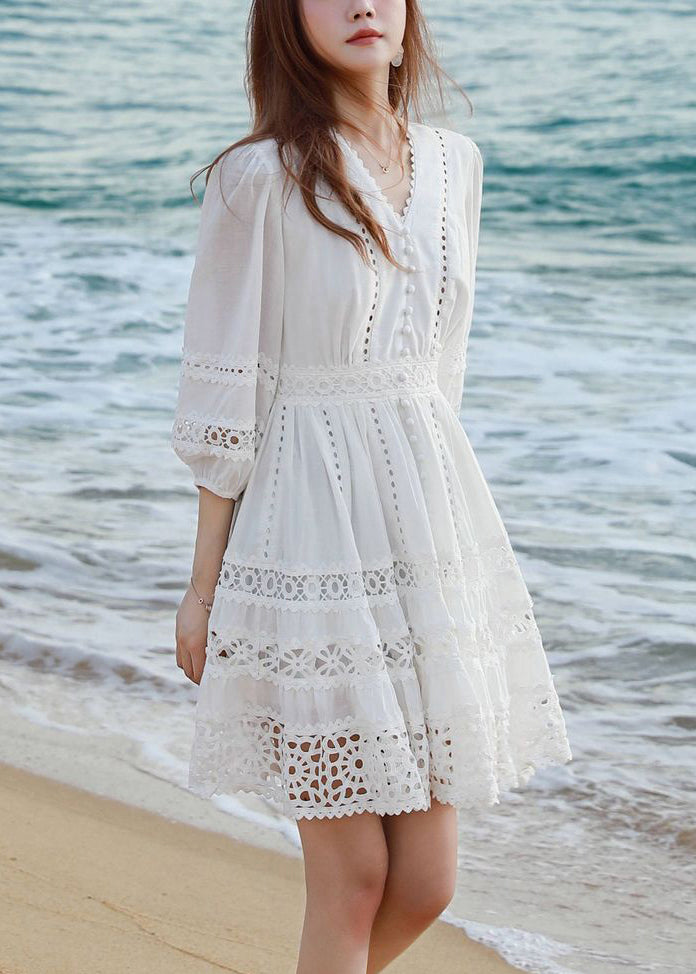 Dress Mid Art Cotton Bracelet V White Out Hollow Sleeve Neck