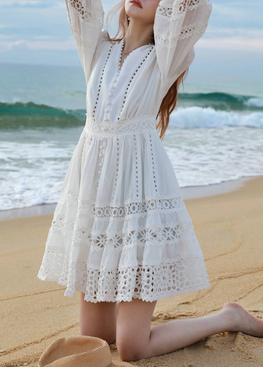 Dress Mid Art Cotton Bracelet V White Out Hollow Sleeve Neck