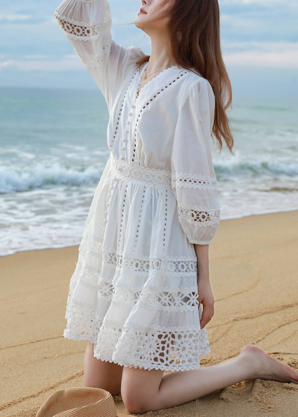 Dress Mid Art Cotton Bracelet V White Out Hollow Sleeve Neck