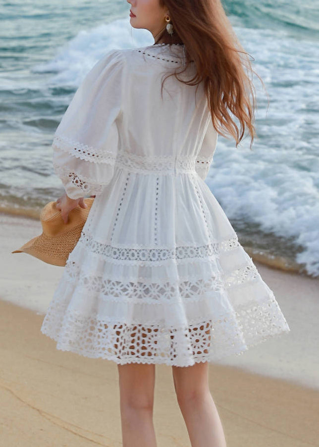 Dress Mid Art Cotton Bracelet V White Out Hollow Sleeve Neck