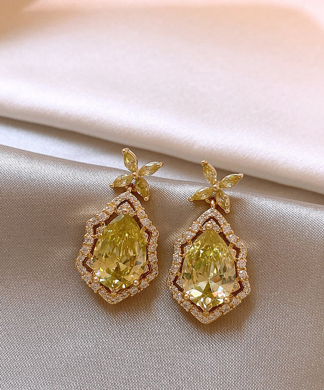 Four Yellow Leaf Clover Crystal Art Copper Drop Earrings Overgild