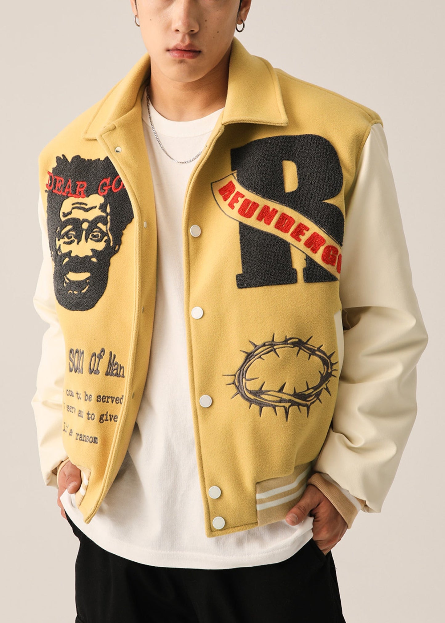 Art Yellow Embroideried Pockets Patchwork Men Parka Spring TC012