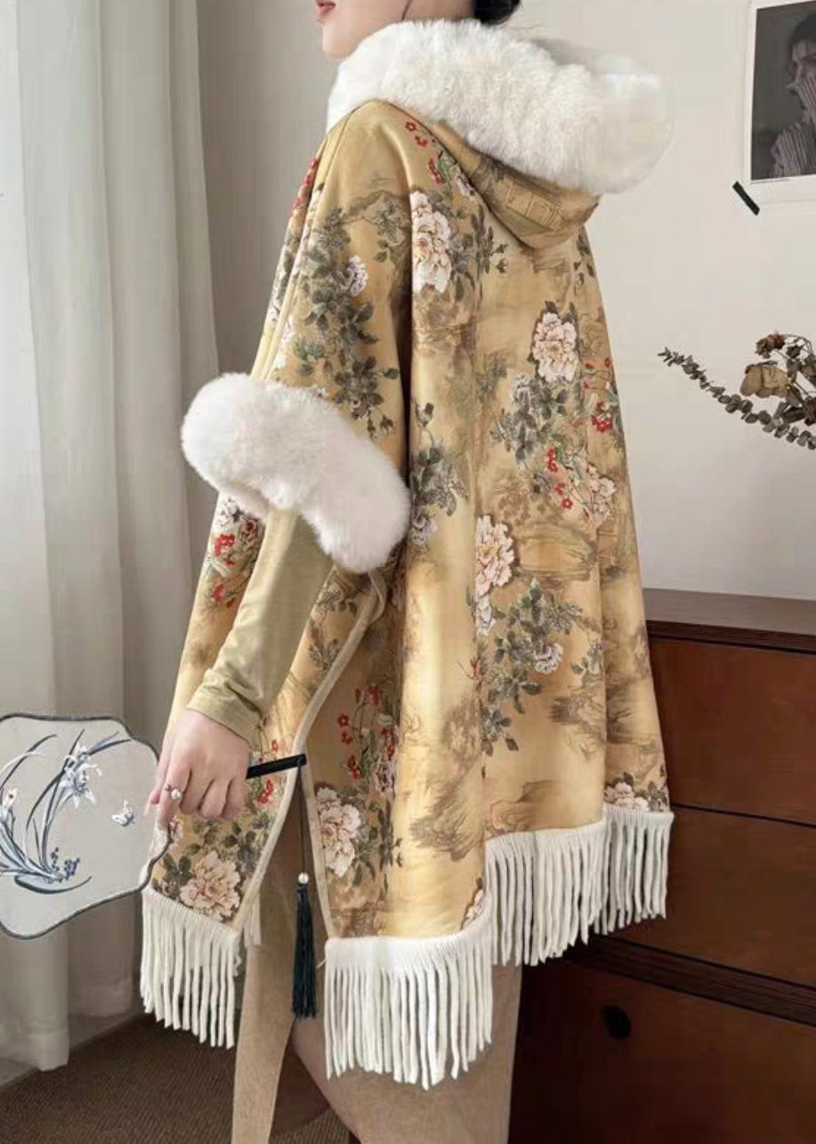 Art Yellow Fur Collar Print Side Open Warm Fleece Coats Winter RZ018