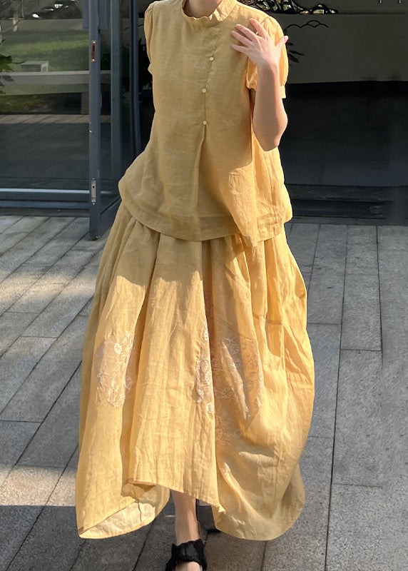 Tops Pieces Art Lace Skirts And Set Summer Yellow Patchwork Two