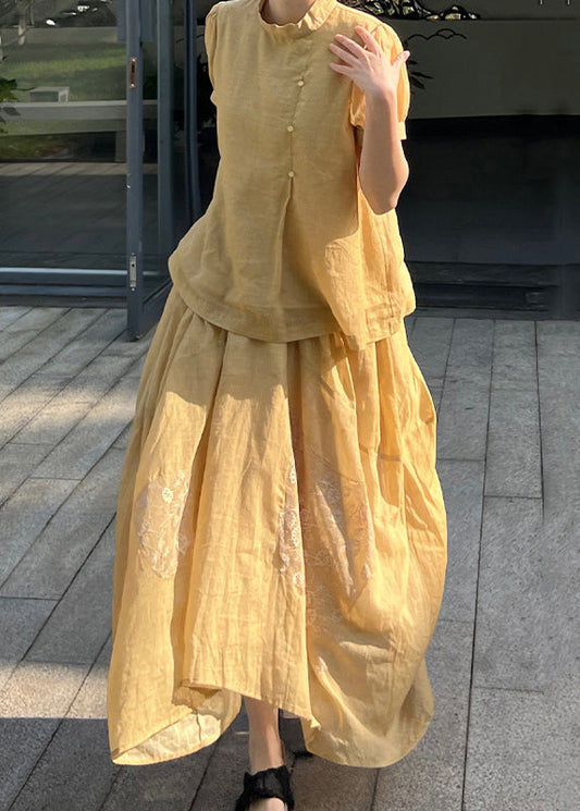 Tops Pieces Art Lace Skirts And Set Summer Yellow Patchwork Two