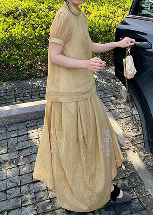 Tops Pieces Art Lace Skirts And Set Summer Yellow Patchwork Two