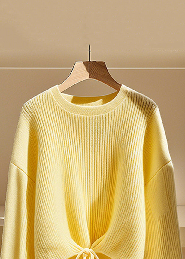 Art Yellow O Neck Lace Up Solid Knit Sweater Fall QS030