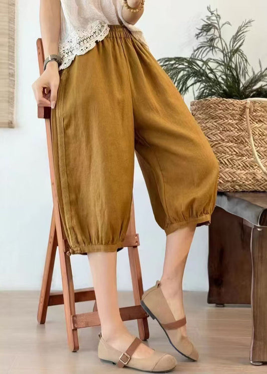 Pants Oversized Art Button Crop Yellow Summer Chinese Linen
