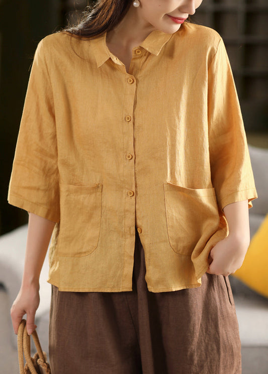 Linen Yellow Pockets Bracelet Peter Blouse Sleeve Pan Art Collar