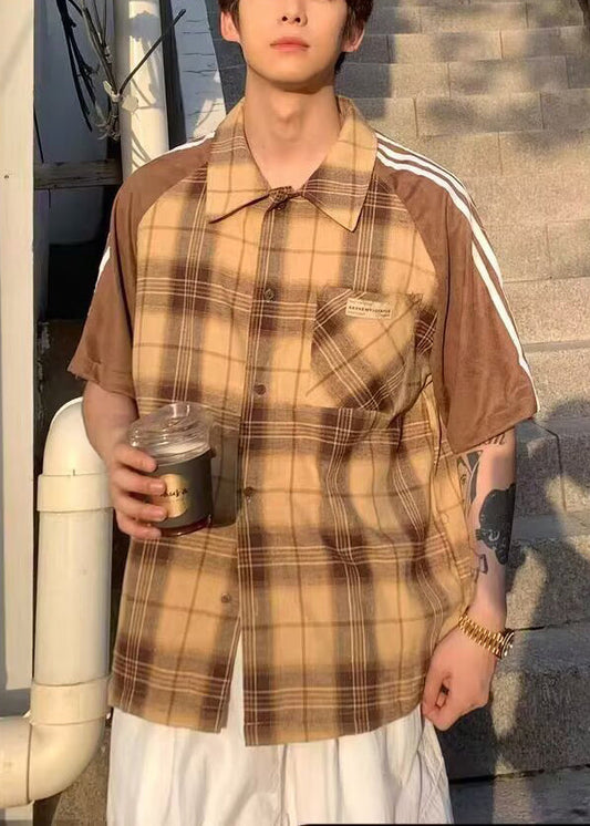 Shirt Mens Art Half Cotton Plaid Sleeve Yellow Patchwork