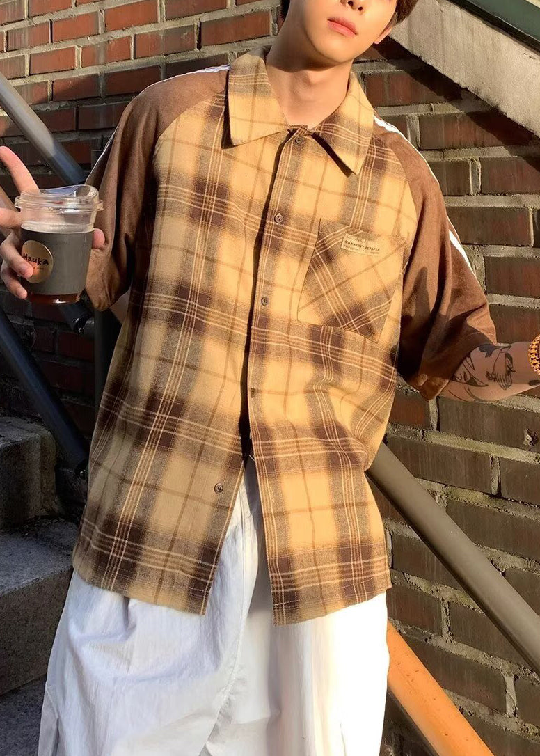 Shirt Mens Art Half Cotton Plaid Sleeve Yellow Patchwork