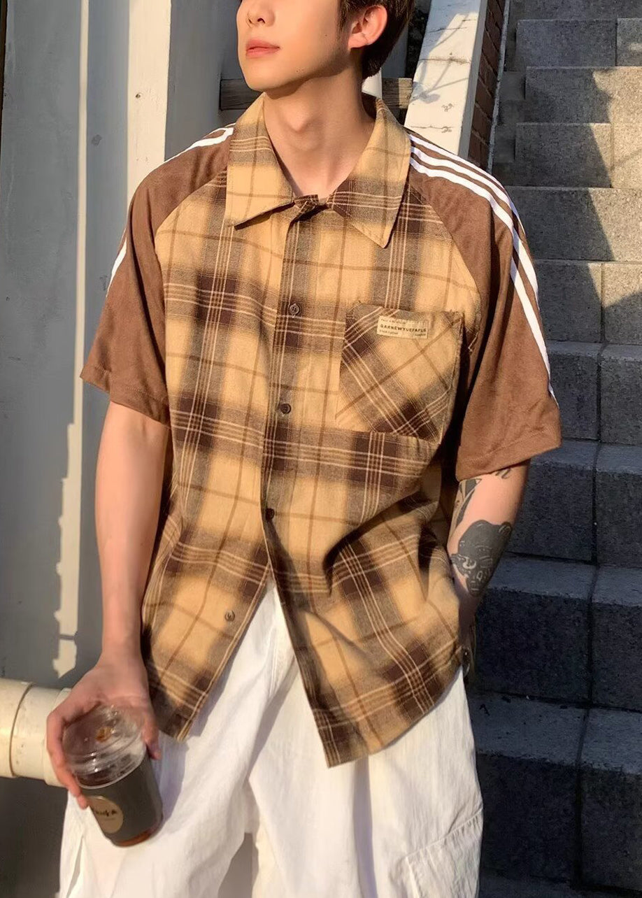 Shirt Mens Art Half Cotton Plaid Sleeve Yellow Patchwork