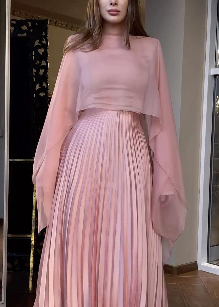 Autumn New Pink Pleated Long Sleeved Dress Shawl Set WO060