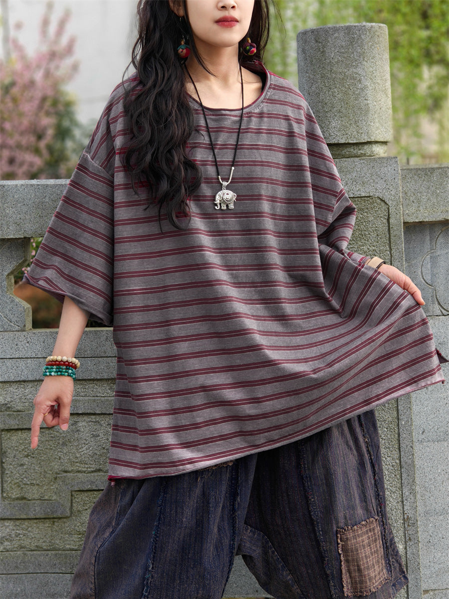 Shirt Women Plus Summer Casual Stripe Size Cotton