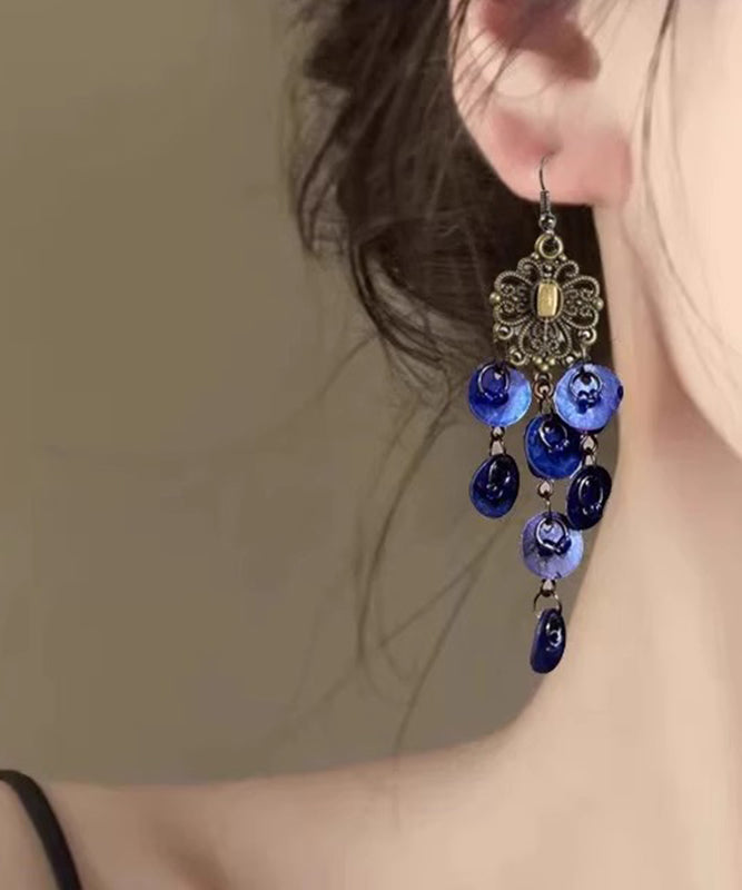 Silver Beach Tassel Sterling Shell Hollow Earrings Blue Drop Out