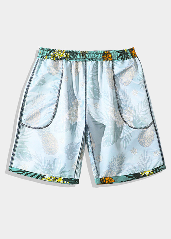 Waist Shorts Beach Pockets Summer Men Cotton Print Elastic