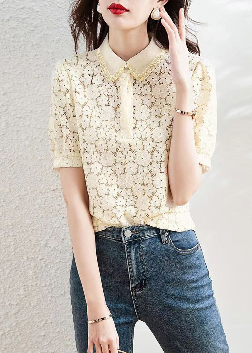 Beautiful Apricot Peter Pan Collar Lace T Shirt Summer WW023