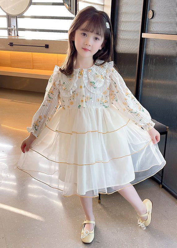 Beautiful Apricot Peter Pan Collar Patchwork Tulle Girls Long Dresses Long Sleeve SS1040