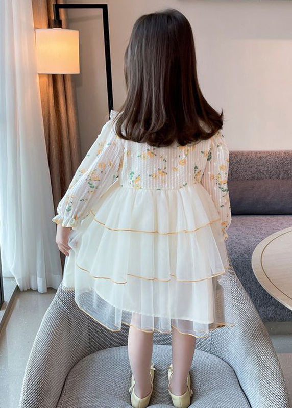 Beautiful Apricot Peter Pan Collar Patchwork Tulle Girls Long Dresses Long Sleeve SS1040