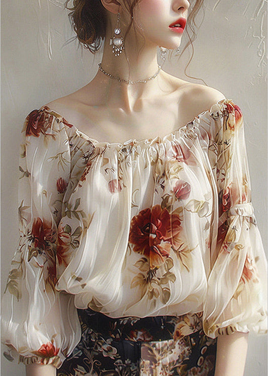 Beautiful Apricot Slash Neck Print Chiffon Top Half Sleeve UU1065