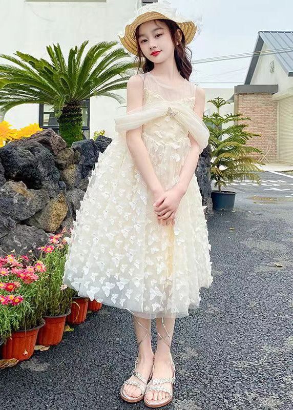 Beautiful Beige O-Neck Butterfly Tulle Girls Long Dresses Summer TT033