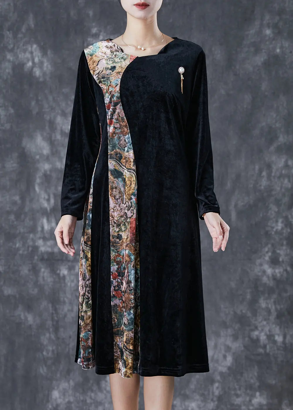 Beautiful Black Exra Large Hem Patchwork Silk Velour Vacation Dresses Fall Ada Fashion