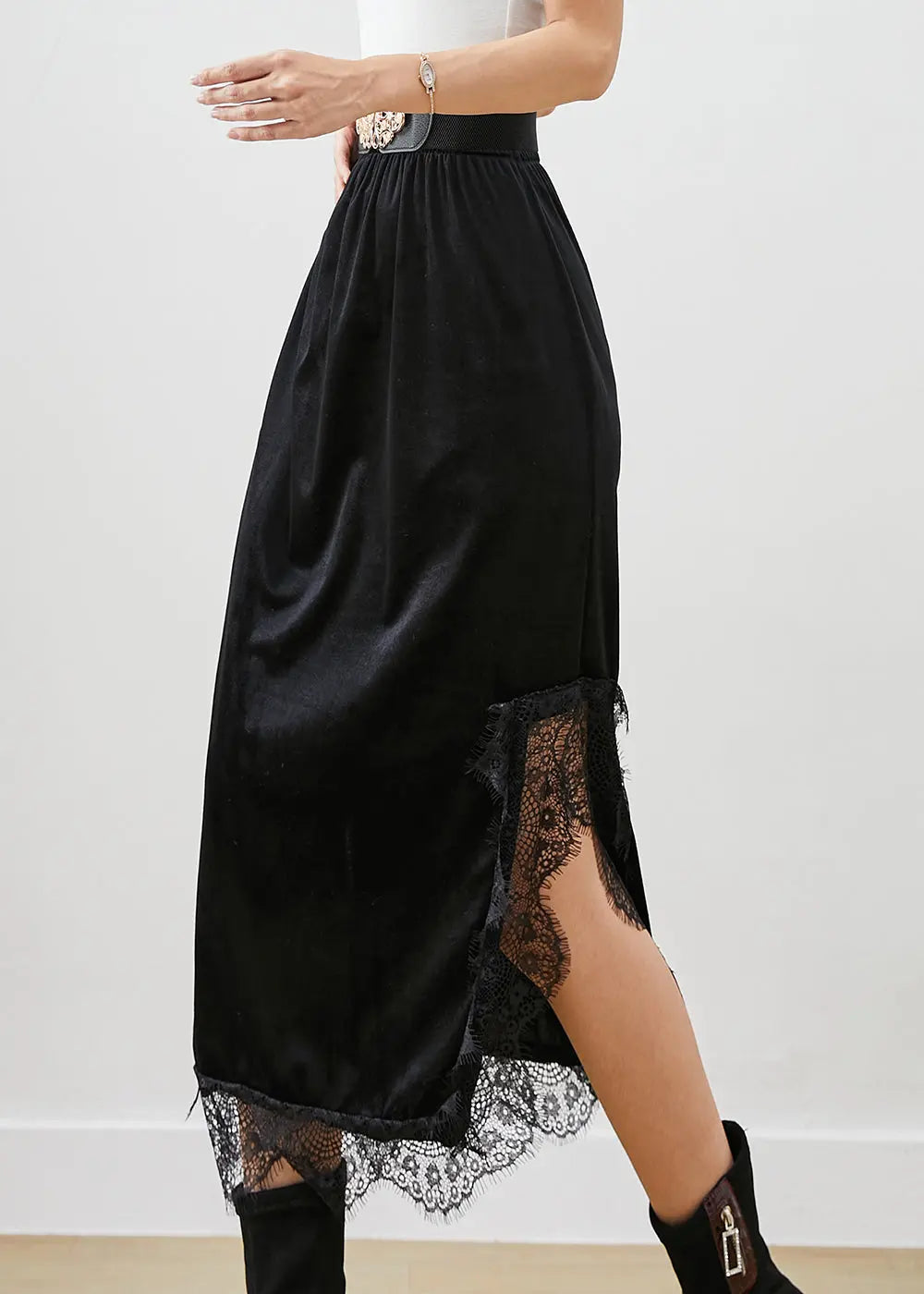 Beautiful Black Lace Patchwork Side Open Silk Velour Skirts Fall Ada Fashion