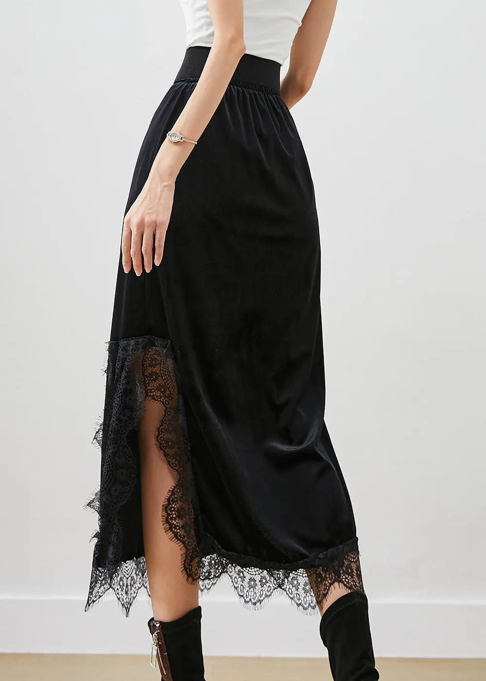 Beautiful Black Lace Patchwork Side Open Silk Velour Skirts Fall Ada Fashion