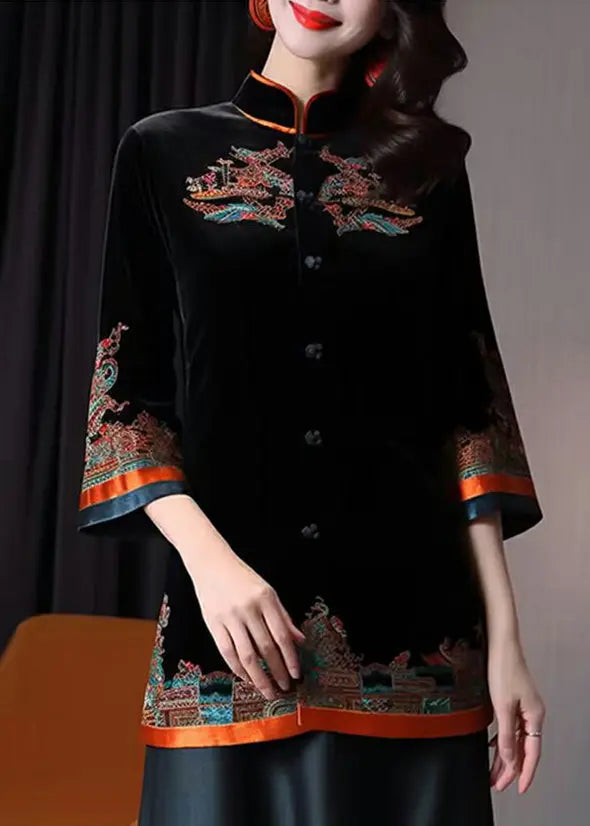 Beautiful Black Stand Collar Embroidered Button Silk Velour Coats Fall Ada Fashion