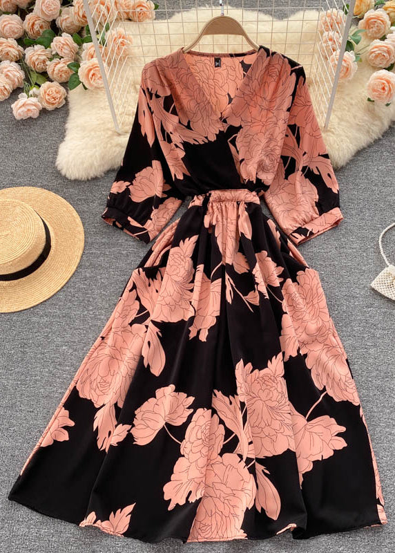 Beautiful Black V Neck Print Chiffon Dresses Half Sleeve TR040