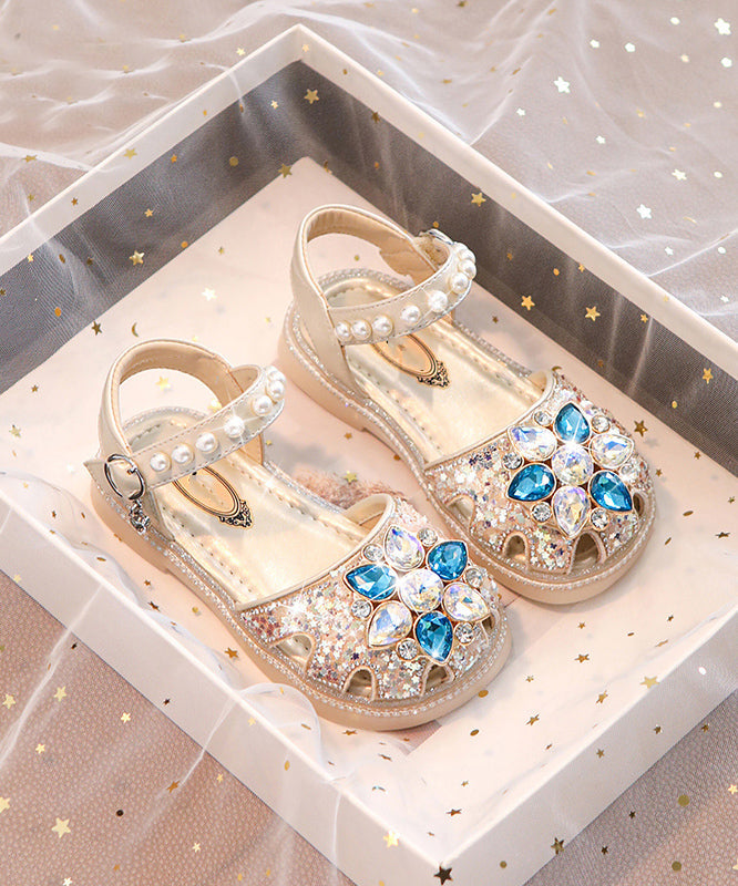 Blue Flat Beautiful Sandals Hollow Girls Out Crystal Buckle Strap