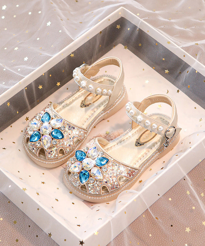 Blue Flat Beautiful Sandals Hollow Girls Out Crystal Buckle Strap